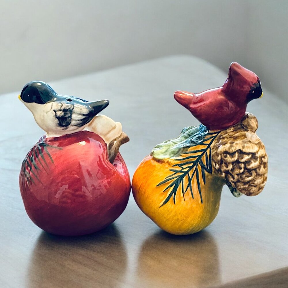 Ceramic Salt and Pepper Shakers Red Apple Yellow Pear and Birds Cardinal Spring